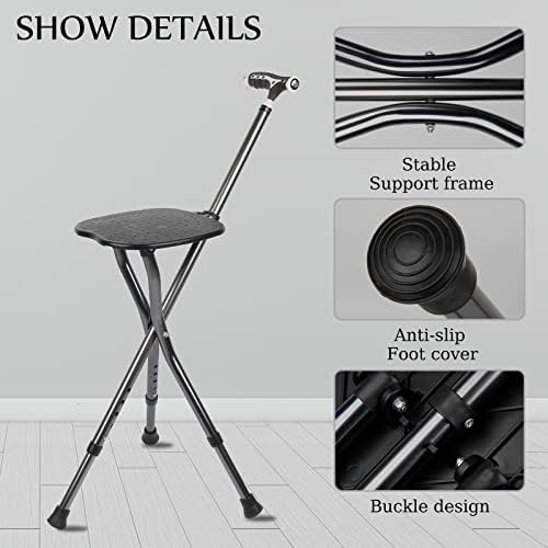 Yayayo Hold 440 lbs Folding Canes with Seat Walking Stick Height Adjustment Cane Seat Capacity Frosted Handle with Magnetic Therapy Stone Crutches Stool