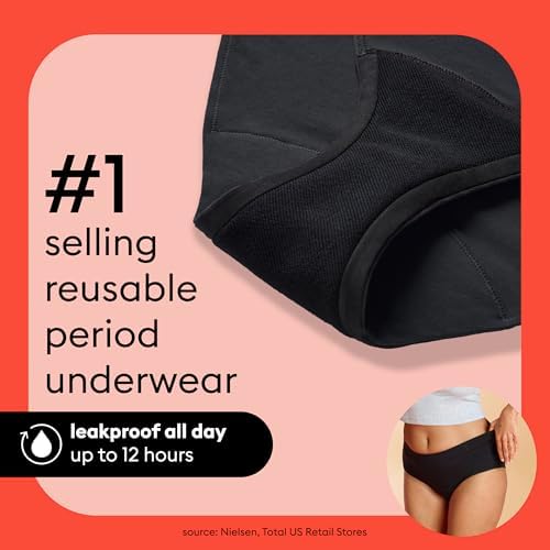 Thinx for All Period Underwear, Everyday Comfort Brief, Holds Up to 12 Regular Tampons*, Period Panties, Leakproof, Reusable & Controls Odor, Black, 2 Pack, L