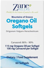 Zane Hellas Oregano Oil Softgels. Extra Strength. Every Softgel Contains 20% Greek Essential Oil of Oregano. 100 mg Carvacrol per Softgel. 60 Softgels.