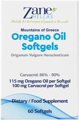 Zane Hellas Oregano Oil Softgels. Extra Strength. Every Softgel Contains 20% Greek Essential Oil of Oregano. 100 mg Carvacrol per Softgel. 60 Softgels.