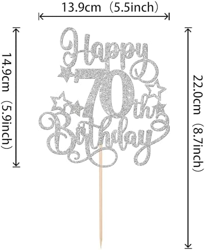 1 PCS Happy 70th Birthday Cake Topper Glitter Cheers to 70 Years Birthday Cake Pick Hello 70 Fabulous Cake Decoration for Happy 70th Birthday Anniversary Party Decorations Supplies Silver