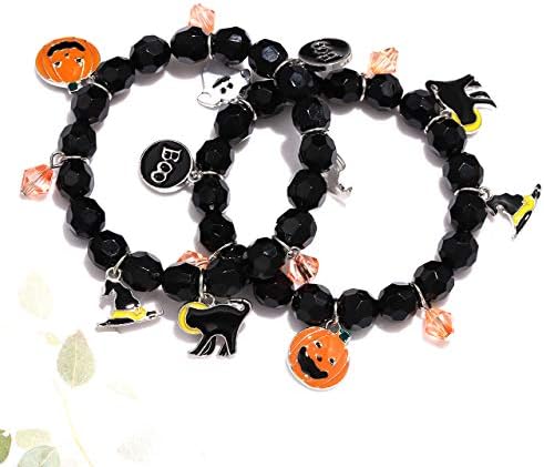 NVENF 2PCS Halloween Bracelets for Women Pumpkin BOO Ghost Charm Bracelets Black Bead Stretch Bracelet Set Costume Party Gifts