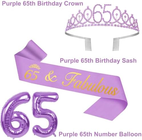 65th Birthday Decorations for Women Purple with 65th Birthday Sash and Crown, Cake Topper and Candles, Number Balloons, 65 Year Old Gifts for Women