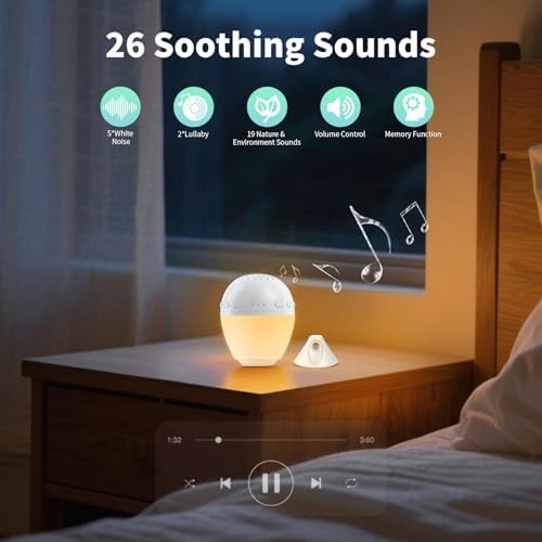 3 in 1 Smart Sound Machine, White Noise Machine with Noise Detection, Night Light, Speaker, Rechargeable Battery, 26 Soothing Sounds and Portable Design for Kids & Adults