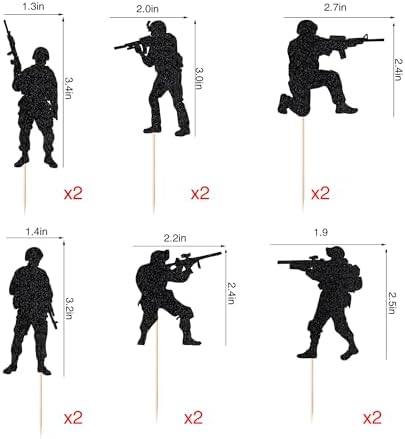 12 PCS Military Soldier Cupcake Toppers，Soldier's Day, Veterans,Glitter Military Theme Navy Army Special Forces Cupcake Picks， Men Boys Birthday Party Decorations Supplies