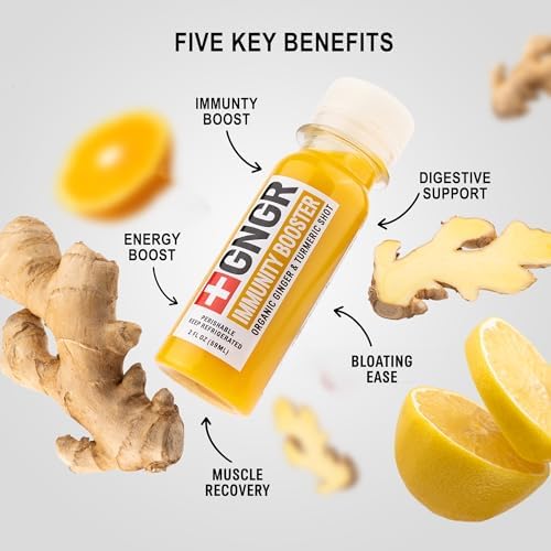 +GNGR Immunity Booster – Organic Cold-Pressed Ginger & Turmeric Shots with Orange, Lemon & Cayenne. High-Absorption Curcumin. Ginger Shot for Immune & Digestive Support. 2 fl oz Bottles (12-Pack)