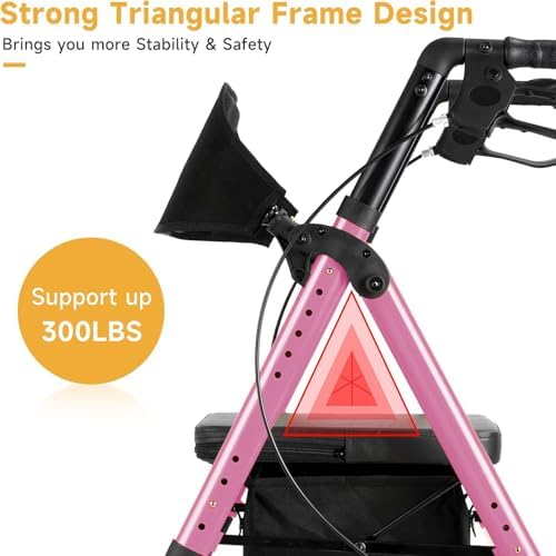 Lightweight Rollator Walker with Seat & Backrest - Foldable Mobility Aid for Seniors, 8" Airless Tires, Adjustable Height, 300 lbs Capacity, 4 Wheel Rolling Walkers for Seniors Pink