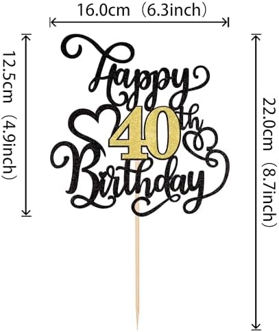 Rsstarxi 1 Pack Happy 40th Birthday Cake Topper Black Gold Glitter 40 Fabulous Cake Pick Cheers to 40 Years Sign Birthday Cake Decoration for Happy 40th Birthday Anniversary Party Decorations