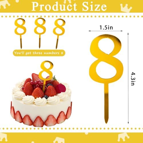 3 Pcs Numbers Cake Topper Mirror Acrylic Number 8 Cake Decor Gold Number Cake Decoration for Wedding Anniversary Birthday Party Supplies