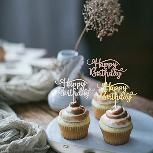 Rsstarxi 24 Pack Happy Birthday Cupcake Toppers Glitter Birthday Cupcake Food Picks for Celebrating Happy Birthday Party Cake Decorations Supplies Gold Rose gold Silver