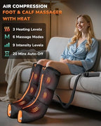 Leg Massager with Heat and Compression : Foot and Calf Massager for Circulation and Pain Relief, Sequential Compression Boots with 6 Modes, 9 Intensity, 3 Heat