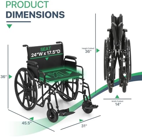 Magshion Extra-Wide Bariatric Wheelchair for Adults – 500 lb Capacity, 24” Seat, Foldable Heavy-Duty All-Terrain, Adjustable Footrests – Black Frame