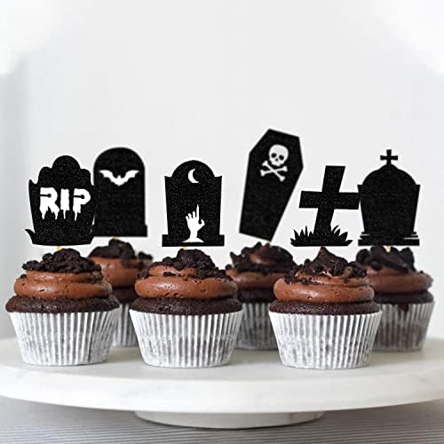 Halloween Tombstone Cupcake Toppers Glitter RIP Spooky Skull Food Picks Cemetery Graves Zombie Birthday Party Decoration 24PCS