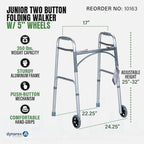 Dynarex Junior Two-Button Folding Walker with Wheels has Tool-Free Adjustable Height up to 32.5” & 300 Pound Weight Capacity, Silver, 1 Junior Two-Button Folding Walker with Wheels