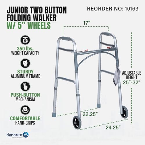 Dynarex Junior Two-Button Folding Walker with Wheels has Tool-Free Adjustable Height up to 32.5” & 300 Pound Weight Capacity, Silver, 1 Junior Two-Button Folding Walker with Wheels