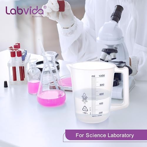 4PCS Plastic Beakers with Handle,Vol.500ml(16.9oz) Measuring Cup with Blue Scale Line, Plastic Pitcher PP material Ideal for Science Activities and Household Use, LVB019