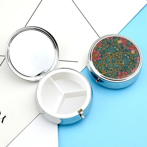 3 Compartment Travel Pill Case, Portable Round Pill Box for Pocket or Purse, Decorative Metal Medicine Vitamin Organizer. (Two Birds on the Tree)