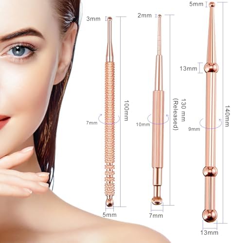 Nuanchu 3 Pieces Facial Reflexology Massage Tool Stainless Steel Manual Acupuncture Pen Retractable Acupuncture, Stainless Steel Double Headed Spring Loaded Ear and Body Point Probe Pen (Rose Gold)