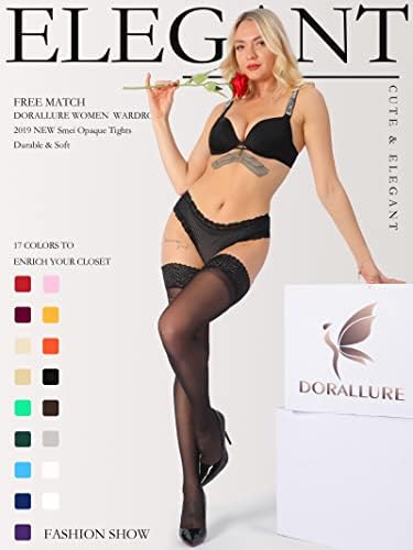 DORALLURE Thigh High Stockings Silicone Lace Top Stay Up Silky Semi Sheer Pantyhose for Women Hold Up Nylon