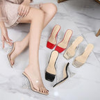 Women's Clear Square Open Toe High Heel Sandals Fashion Slip On Backless Crystal Stiletto Heel Slide Sandals Sexy Wedding Party Prom Dress Shoes 4.5-14 Size