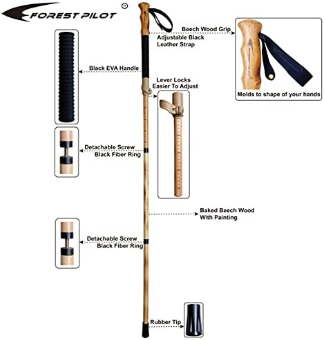 FOREST PILOT Trekking Poles- 1-pc Pack - Adjustable Hiking or Walking Stick –Strong, Natural Beech Wood - Quick Adjust Flip-Lock - Beech Wood Grip, Leather Strap