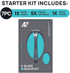 AOA Men's 6 Blade Razor Kit 7pcs in Kit Including 1pc Handle 5pcs Swedish Six-Blade Heads 1pc Stainless Steel Shower Hook Lubricating Aloe Vitamin E Strip for Comfortable Close Shave