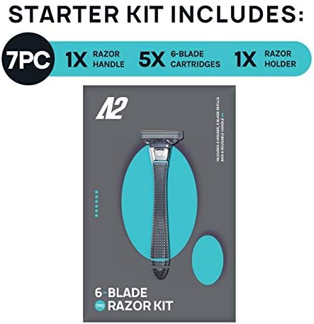AOA Men's 6 Blade Razor Kit 7pcs in Kit Including 1pc Handle 5pcs Swedish Six-Blade Heads 1pc Stainless Steel Shower Hook Lubricating Aloe Vitamin E Strip for Comfortable Close Shave