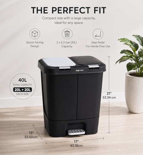 Step N' Sort 2 x 5.5 Gallon, Dual Trash and Recycling Bin with Slow Close Lid,Black,40 Liter,SNS402-B
