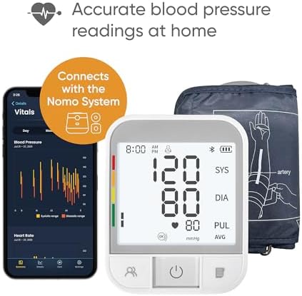 Nomo Smart Care Blood Pressure Monitor – Upper Arm Cuff with Bluetooth App Sync, Irregular Heartbeat Detection, WHO Risk Indicator, Dual User Profiles, Large Display, Batteries Included