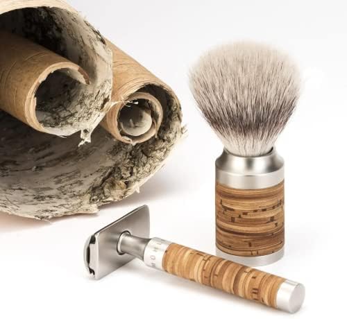 MÜHLE ROCCA Birch Bark & Stainless Steel 3-Piece Shaving Set - Silvertip Badger Brush, Safety Razor & Stand – Safety Razor Kit & Shaving Kit, Straight Razor Kit for Men