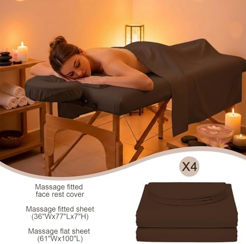 Oudain 4 Sets 3 Piece Soft Microfiber Massage Table Sheets Set Bulk Includes Massage Flat Sheet and Fitted Sheet and Face Rest Cover(Chocolate)