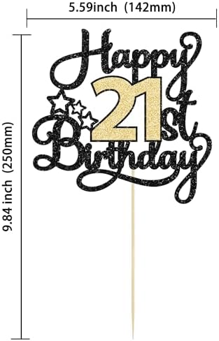 1Pc Happy 21st Birthday Cake Topper Black Gold Glitter Cheers to 21 Years Birthday Cake Pick 21st Cake Decoration for Anniversary Party Supplies