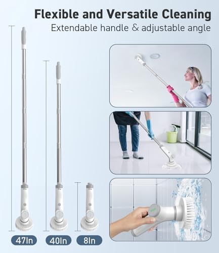 Electric Spin Scrubber, VEWIOR Cordless Shower Scrubber with 3 Adjustable Angle, Cleaning Brush with 2 Speeds 3 Replaceable Brush Heads for Bathroom Kitchen Tub