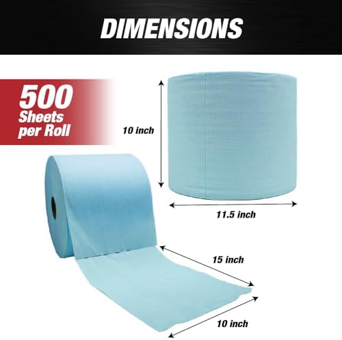 LAUCO Prep-Wipe Industrial Wipes Jumbo Roll, Heavy Duty Blue Cleaning Towels (500 Sheets/Roll, 1 Roll/Case, 10” x 15” each sheet) (41043)