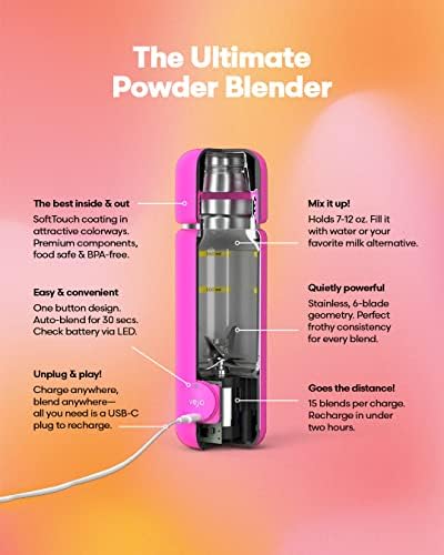 VEJO 12oz Electric Protein Shaker Bottle – USB Rechargeable Powder Mixer for Protein Shakes, Pre-Workout, Creatine | No Clumps, No Ball | 6-Blade Blending | BPA-Free | Gym Bag Travel Size | Neon Pink