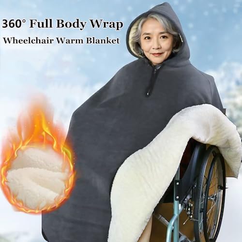 Thicken Winter Wheelchair Warm Blanket Adult Fleece-Lined Wheelchair Cape with Hood, Wheelchair Clothing Winter Poncho Cape Coat for Elderly, Disabled Wheelchair Cosy Cover Warm Blanket