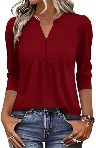 IECCP 3/4 Length Sleeve Womens Tops Dressy Casual Henley V-Neck Summer Tops Pleated T-Shirts Loose Fit Work Blouses