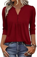 IECCP 3/4 Length Sleeve Womens Tops Dressy Casual Henley V-Neck Summer Tops Pleated T-Shirts Loose Fit Work Blouses