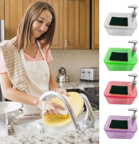Hand Soap Dispenser 2-in-1 Liquid Soap Dispenser, Kitchen dishwashing Detergent Press Box soap Dispenser with Dishwashing Brushes Automatic Soap Dispenser and Scrubber Holder ﻿ (White)