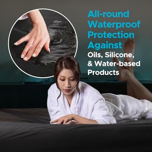 King Waterproof Fitted Sheet, 14'' Deep Pocket, 100% Black Mattress Protector, Safe with Oil, Water-Based, & Silicone-Based Massage Products, Machine Washable, Noiseless, Hypoallergenic