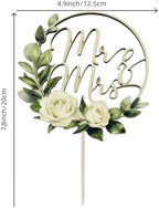 Wooden Wedding Cake Topper, Mr and Mrs with Roses - Elegant Floral Cake Decor for Wedding, Anniversary, Bridal Shower, Birthday (Classical-A)