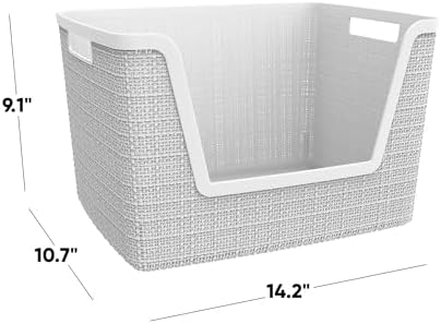 Curver Set of 4 Large 18L Easy Access Jute Decorative Plastic Organization and Storage Baskets - Perfect Bins for Home Office, Closet Shelves, Kitchen Pantry and All Bedroom Essentials, White