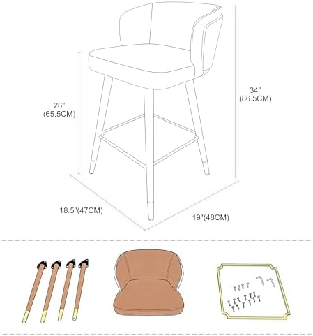 ARTPLAN Bar Stools Set of 2 for Counter Height 34 Inch - Modern Retro Style with Leather Seat & Walnut Wood Frame, Bar Chairs for Kitchen Island, Home Bar, Dining Counter,Dark Orange