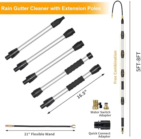 Buyplus Gutter Cleaner Tools from The Ground, Rain Gutter Cleaner Hose Attachment with Extension Poles Up to 8FT, Bendable Gutters Wand | 5 Spray Patterns, Perfect for Garden Hose