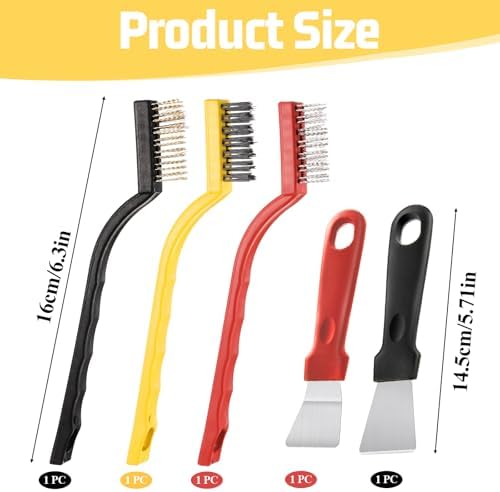 5 Pack Kitchen Stove Cleaning Brush + Scraper Tool Set, Stainless Steel and Nylon Brush Head Brushes Heavy Duty Scraper for Gas Burners Cooktop Pan Brass Kitchen, Bathroom, Range Hood Grease Grime