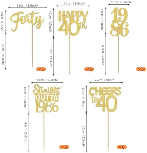 30PCS Straight Outta 1986 Cupcake Toppers Gold Glitter Forty Happy 40th Birthday Cupcake Picks Cheers to 40 Years Cake Decorations for 40th Birthday Anniversary Party Decoration Supplies