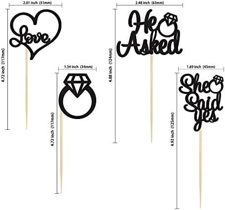Gyufise 24 Pack Black Glitter He Asked She Said Yes Cupcake Toppers Glitter Heart Ring Cupcake Picks Decorations for Wedding Engagement Bridal Shower Party Supplies
