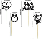 Gyufise 24 Pack Black Glitter He Asked She Said Yes Cupcake Toppers Glitter Heart Ring Cupcake Picks Decorations for Wedding Engagement Bridal Shower Party Supplies