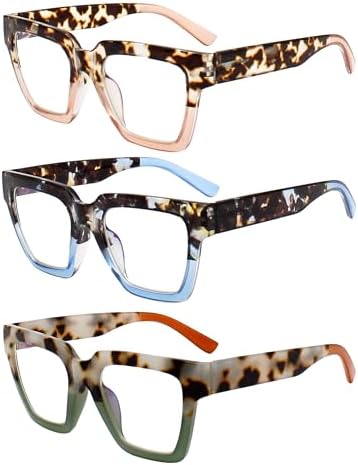 Yogo Vision Blue Light Blocking Reading Glasses for Women Big Square Oversized Computer Readers (3 Pack)