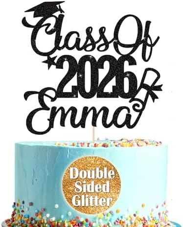 EDSG Personalized Graduation Cake Topper Class of 2026 Double Sided Glitter Cake Toppers Custom Congrats Graduation Cake Decorations with Any Name (Black)